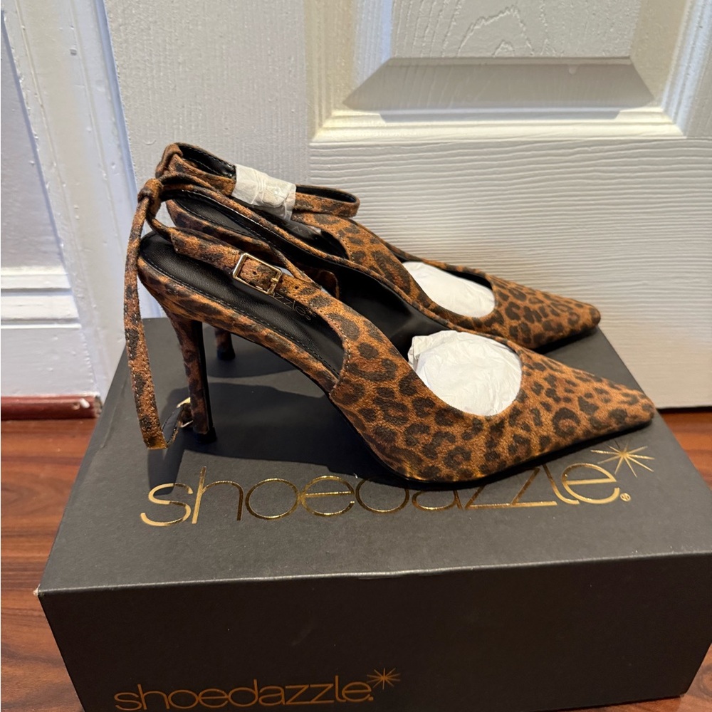 Shoe Dazzle Leopard Print Pointed Toe Slingback Heels - Brown/Black